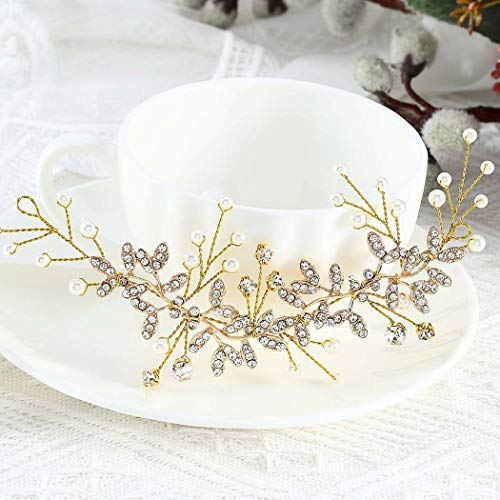 Unsutuo Bridal Crystal Headband Gold Rhinestone Hair Vine Pearls Wedding Accessories for Women and Girls(Gold) - Image 5