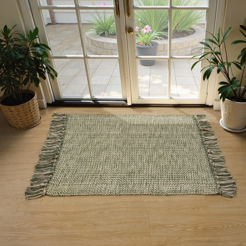 Collive 2' x 3' Small Entryway Rug, Washable Hand-Woven Kitchen Rug with Tassels, Natural/Green Farmhouse Low Profile Throw Rug Reversible Front Door Rug for Bedroom Bathroom Home Décor - Image 1