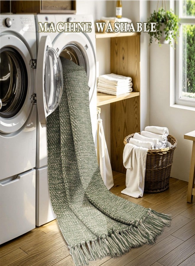 Collive 2' x 3' Small Entryway Rug, Washable Hand-Woven Kitchen Rug with Tassels, Natural/Green Farmhouse Low Profile Throw Rug Reversible Front Door Rug for Bedroom Bathroom Home Décor - Image 3