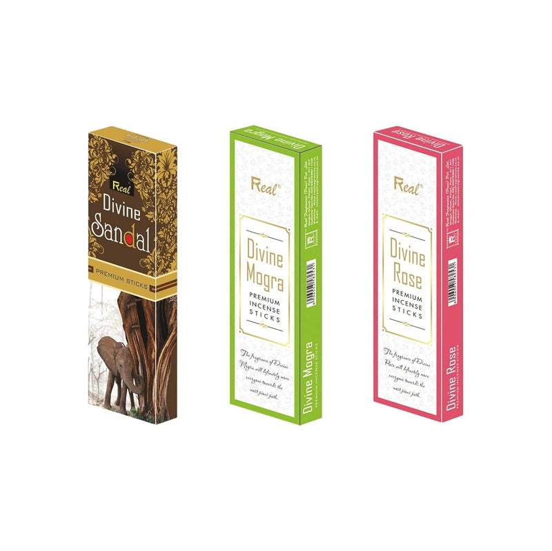 Real Real Premium Incense Sticks/Scented Agarbatti Combo of 3 Different Fragrances (Sandal Mogra Rose) Mainly Used for Pooja|Meditation|Relaxation|Yoga|Aromatic Environment Pack of 3(100gm Each) - Image 1