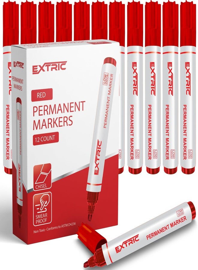 EXTRIC أقلام تحديد دائمة من إكستريك، برأس مشطوف، لون أحمر، حبر سريع الجفاف، تعمل على الورق والخشب والبلاستيك والمعادن والزجاج، مثالية للاستخدام المنزلي والمكتبي والمدرسي - Image 1