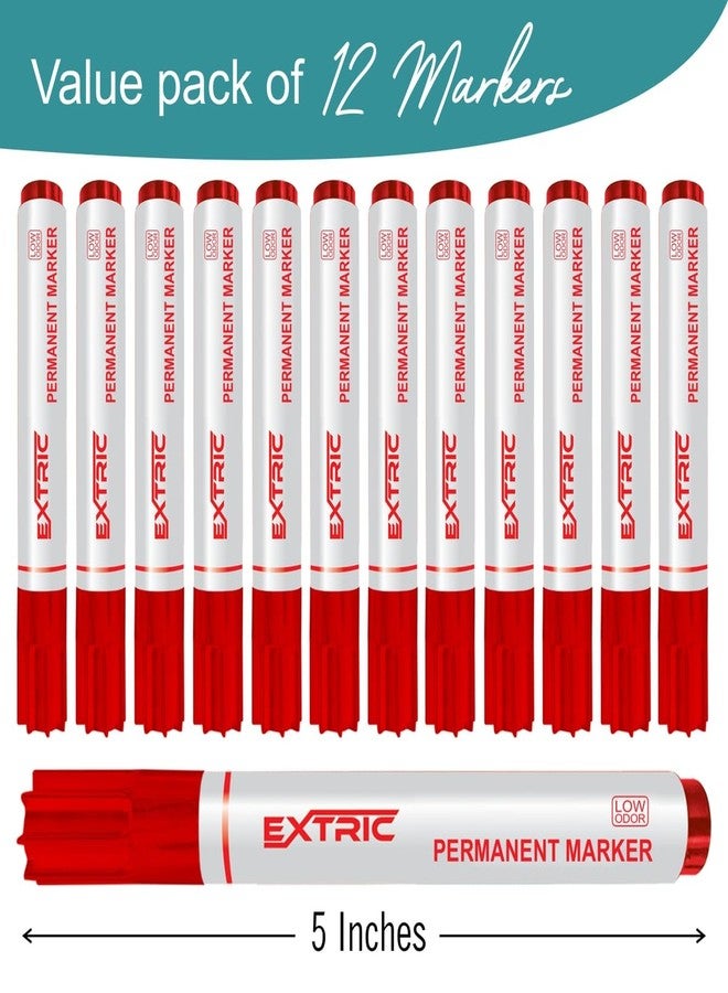 EXTRIC أقلام تحديد دائمة من إكستريك، برأس مشطوف، لون أحمر، حبر سريع الجفاف، تعمل على الورق والخشب والبلاستيك والمعادن والزجاج، مثالية للاستخدام المنزلي والمكتبي والمدرسي - Image 2