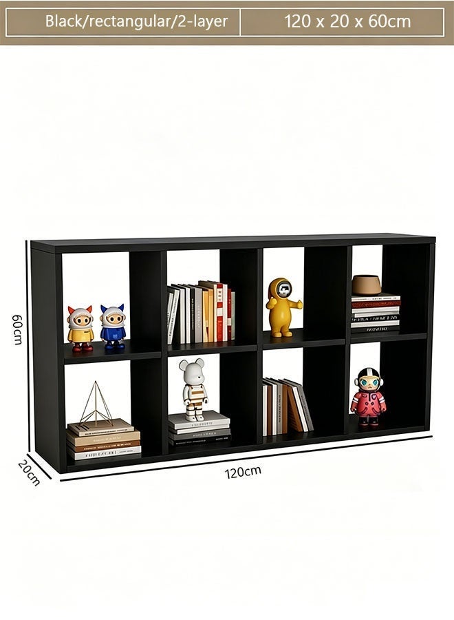 2 Tier 8 Compartment Large Capacity Freestanding Black Wooden Bookshelf, Floor-standing Home Storage Cabinet, Multi-grid Organizer, Multifunctional Display & Storage Rack for Home and Office - Image 5