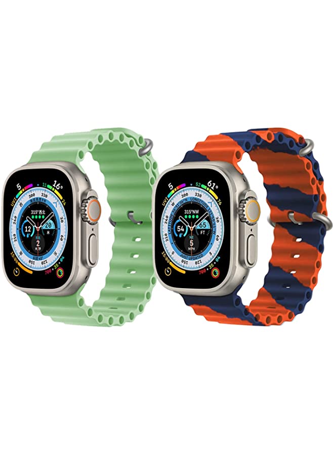 IAF Silicone Ocean Band Strap for Apple Watch Ultra 8 49mm Mint Green Single Color Strap with Orange/Blue Double Line Strap Set of 2