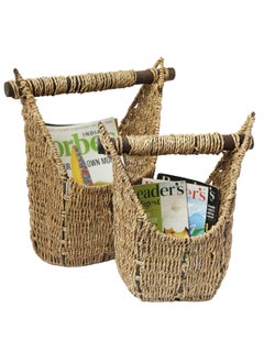krafters attic Seagrass Magazine Holders with Wooden Handles Rustic Storage Solution for Home Organization Brown set of 2