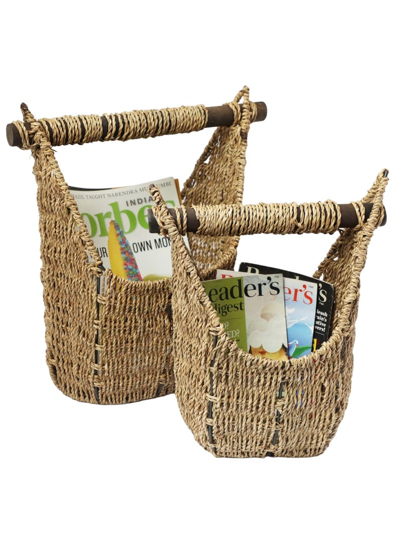 krafters attic krafters attic Seagrass Magazine Holders with Wooden Handles Rustic Storage Solution for Home Organization Brown set of 2  - Image 1