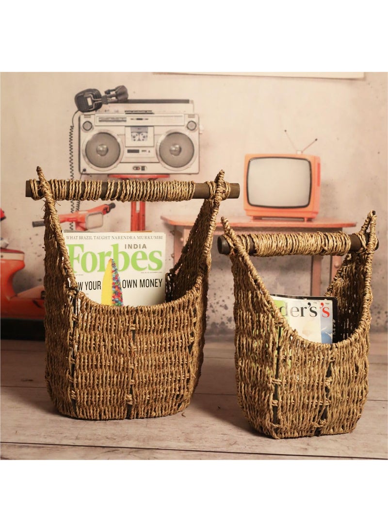 krafters attic krafters attic Seagrass Magazine Holders with Wooden Handles Rustic Storage Solution for Home Organization Brown set of 2  - Image 4