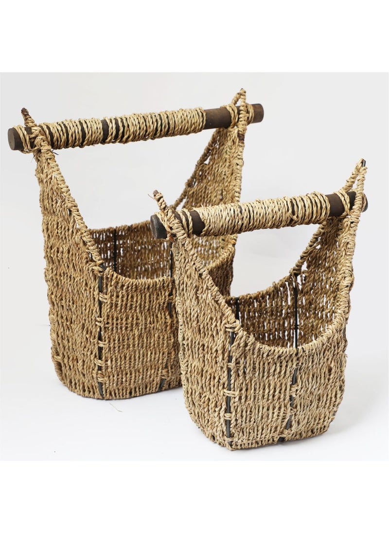 krafters attic krafters attic Seagrass Magazine Holders with Wooden Handles Rustic Storage Solution for Home Organization Brown set of 2  - Image 2