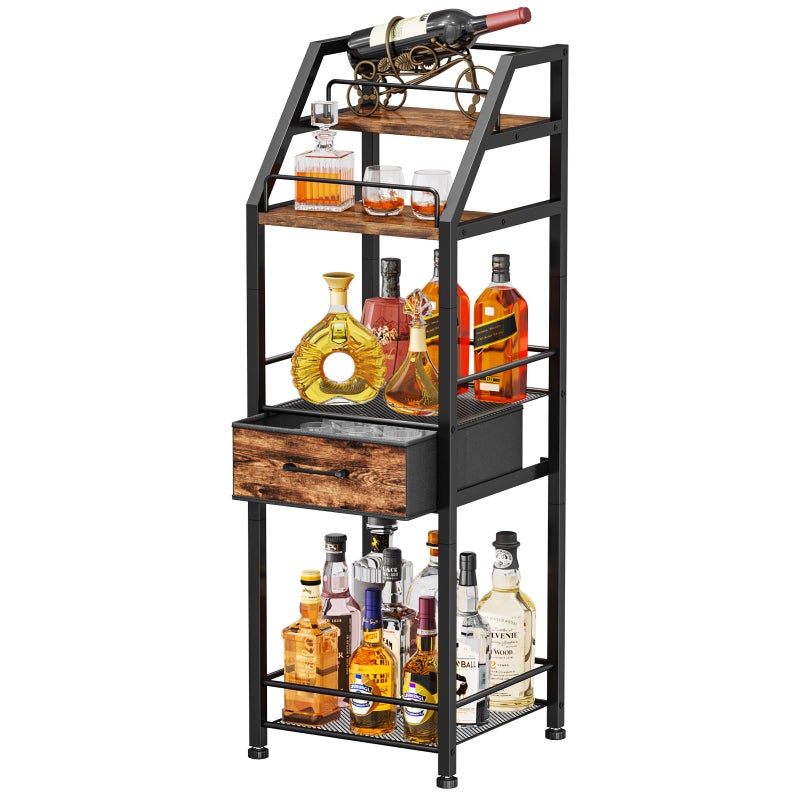 HapiRm Wine Rack Freestanding Floor - 4-Tier Stepped Liquor Cabinet Bar Stand for Home with Fabric Drawer, Wine & Glass Organizer for Living Room, Kitchen, or Dining Room - Image 1