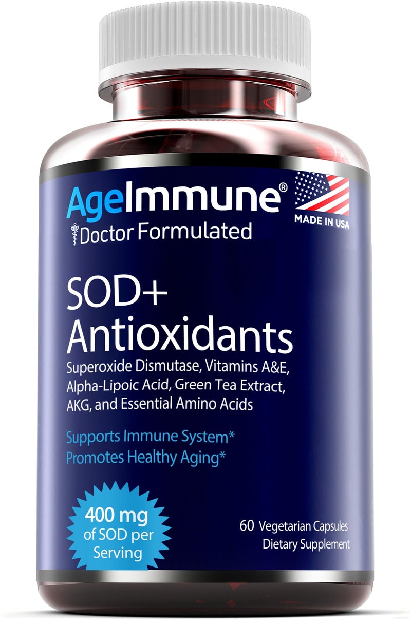 AgeImmune SOD Antioxidants Complex Healthy Aging Supplement 400mg of Superoxide Dismutase Alpha Lipoic Acid LArginine Lysine AKG Vitamin A Vitamin E for Immune Support60 Capsules