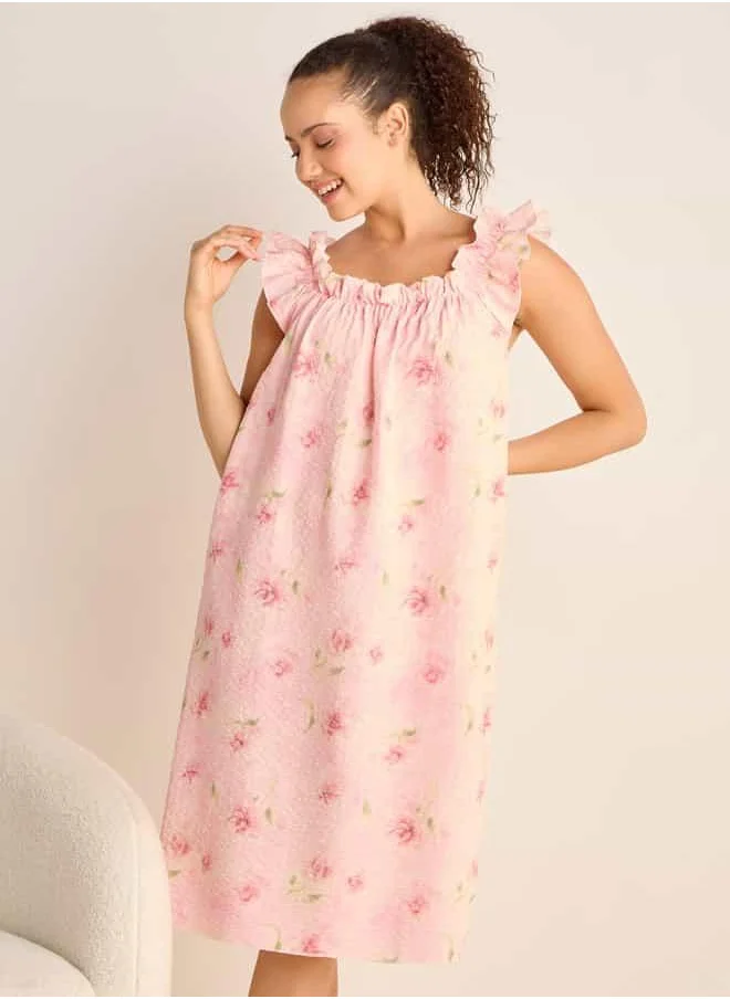 فاف Floral Print Sleeveless Night Dress with Ruffle Detail