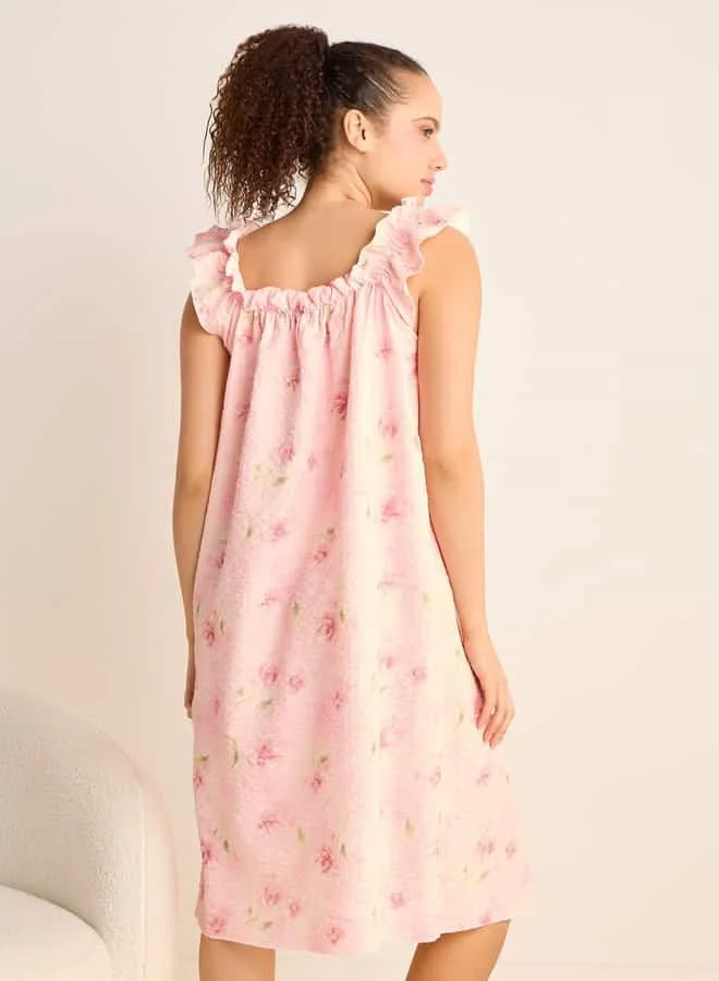 Splash FAV Floral Print Sleeveless Night Dress with Ruffle Detail