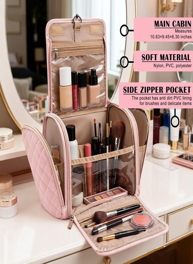 banapoy Hanging Toiletry Bag for Women, Roll up Cosmetics Makeup Bag, Travel Makeup Cosmetic Organizer with Hanging Hook, for Jewelry Toiletries, 10.63x9.45x6.30in (Pink) - Image 3