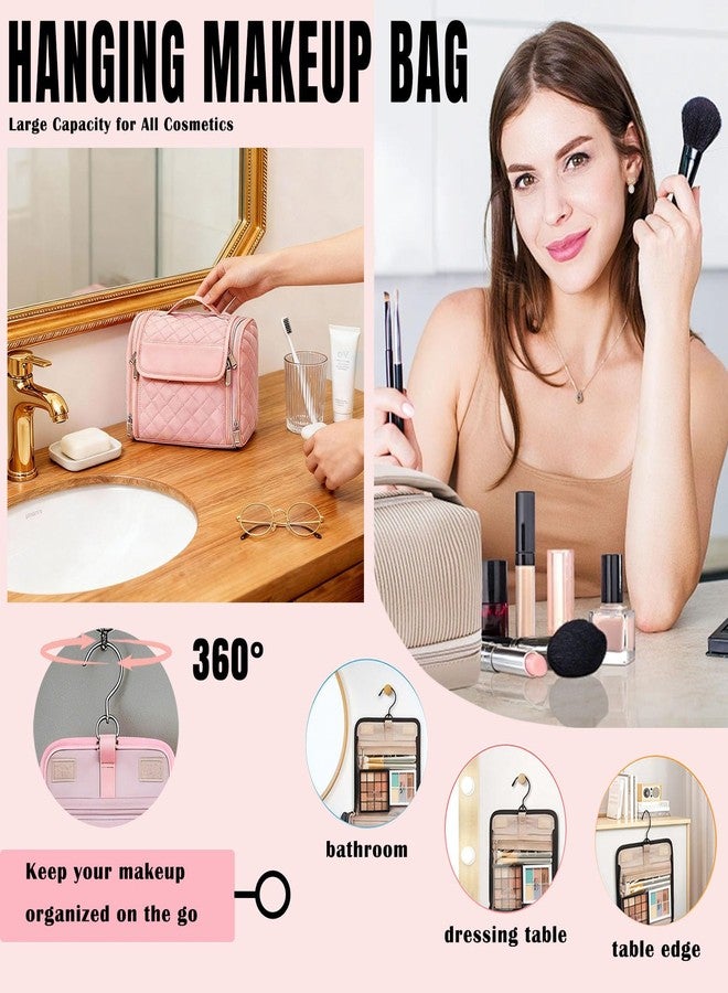 banapoy Hanging Toiletry Bag for Women, Roll up Cosmetics Makeup Bag, Travel Makeup Cosmetic Organizer with Hanging Hook, for Jewelry Toiletries, 10.63x9.45x6.30in (Pink) - Image 5