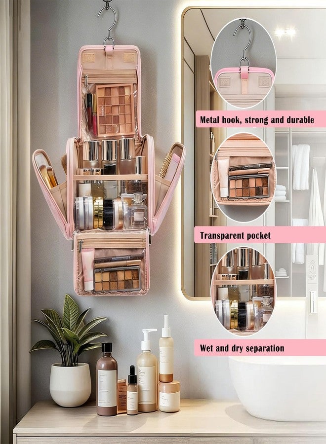 banapoy Hanging Toiletry Bag for Women, Roll up Cosmetics Makeup Bag, Travel Makeup Cosmetic Organizer with Hanging Hook, for Jewelry Toiletries, 10.63x9.45x6.30in (Pink) - Image 2