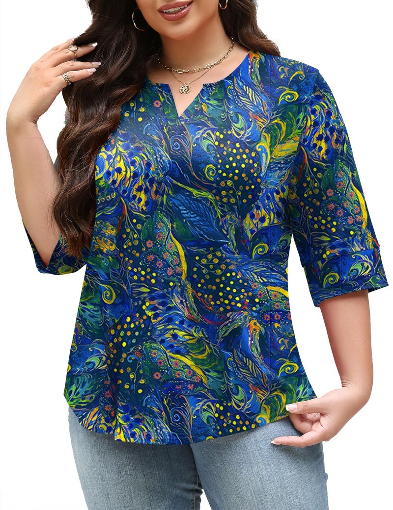 TFSDOD Plus Size Tops for Women 3/4 Sleeve Tunics Top for Women Blouses Dressy Casual V Neck Tee Spring Deep Blue Peacock Print XL - Image 2