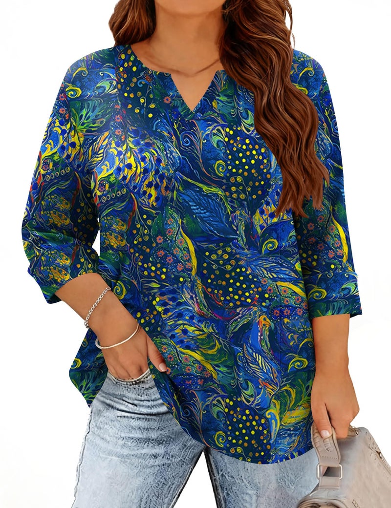 TFSDOD Plus Size Tops for Women 3/4 Sleeve Tunics Top for Women Blouses Dressy Casual V Neck Tee Spring Deep Blue Peacock Print XL - Image 1