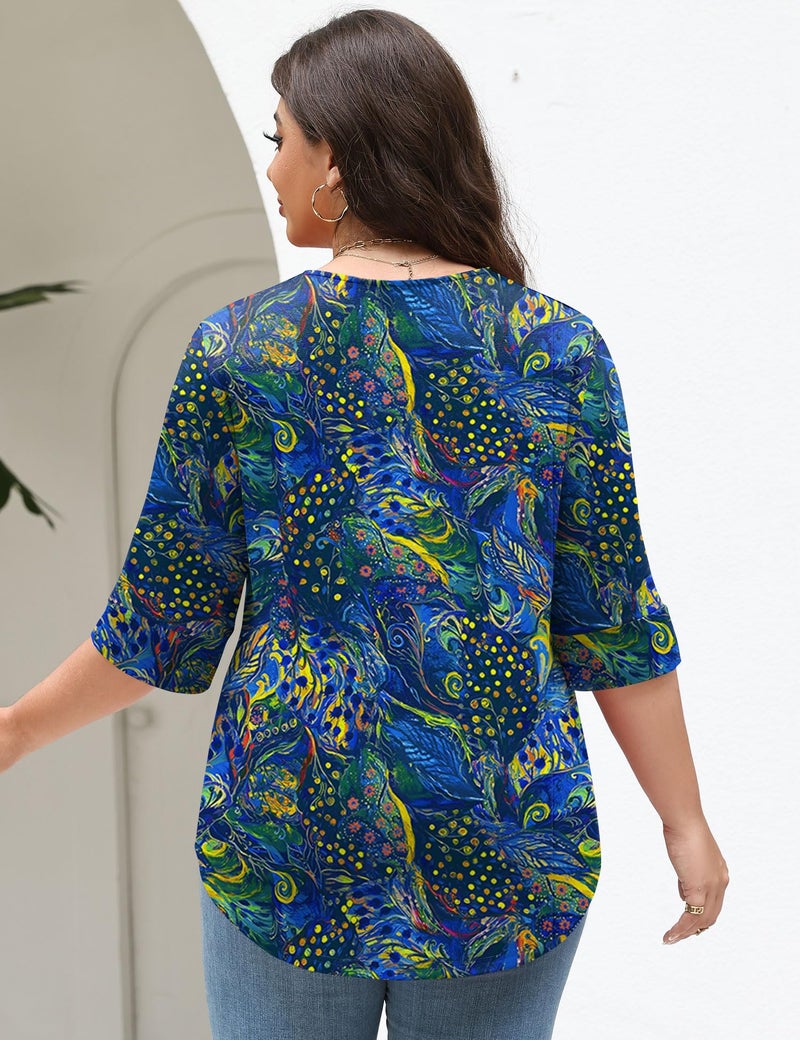 TFSDOD Plus Size Tops for Women 3/4 Sleeve Tunics Top for Women Blouses Dressy Casual V Neck Tee Spring Deep Blue Peacock Print XL - Image 3