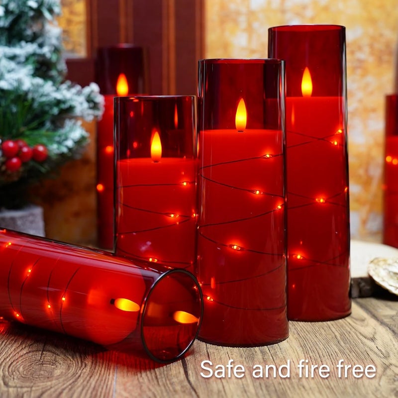 GLODD Set of 3 Red Acrylic Fiberglass Flameless Flickering LED Candles | 2.3" Dia x 5",6",7" Height, with Embedded Copper String Lights | AA Battery Powered with Remote for Home Decor & Gifts - Image 3