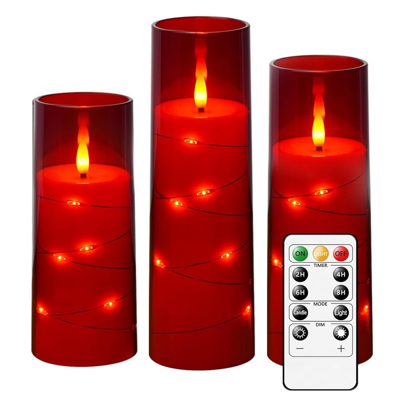GLODD Set of 3 Red Acrylic Fiberglass Flameless Flickering LED Candles | 2.3" Dia x 5",6",7" Height, with Embedded Copper String Lights | AA Battery Powered with Remote for Home Decor & Gifts - Image 1