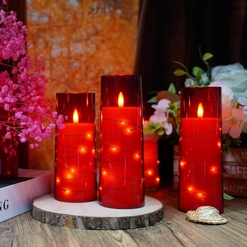 GLODD Set of 3 Red Acrylic Fiberglass Flameless Flickering LED Candles | 2.3" Dia x 5",6",7" Height, with Embedded Copper String Lights | AA Battery Powered with Remote for Home Decor & Gifts - Image 4