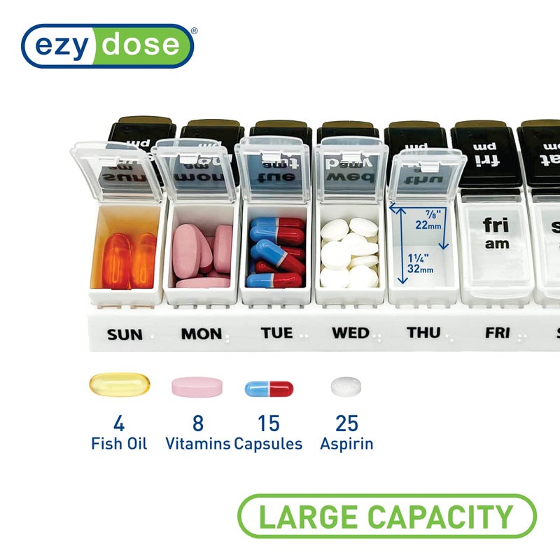 EZY DOSE Weekly (7-Day) Daily AM/PM Pill Case, Medicine Planner, Vitamin Organizer, Supplement Container, Large Pop-Out Compartments, Designed for Travel 2 Times a Day, Black and White Lids - Image 2