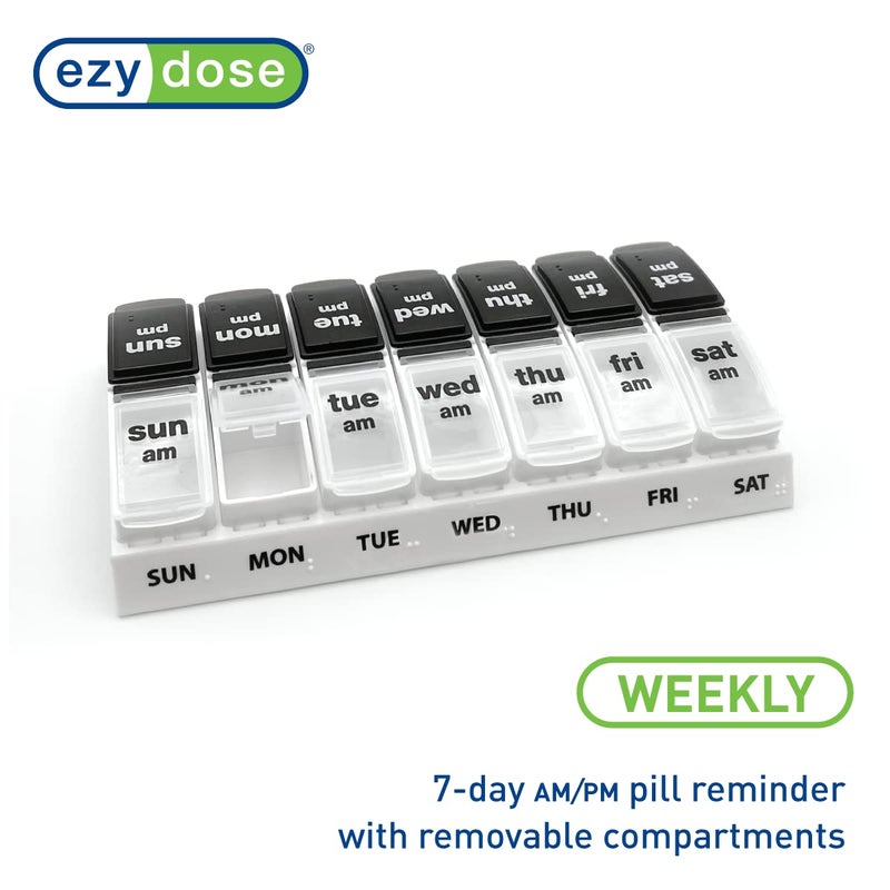 EZY DOSE Weekly (7-Day) Daily AM/PM Pill Case, Medicine Planner, Vitamin Organizer, Supplement Container, Large Pop-Out Compartments, Designed for Travel 2 Times a Day, Black and White Lids - Image 5