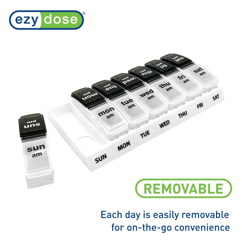 EZY DOSE Weekly (7-Day) Daily AM/PM Pill Case, Medicine Planner, Vitamin Organizer, Supplement Container, Large Pop-Out Compartments, Designed for Travel 2 Times a Day, Black and White Lids - Image 4