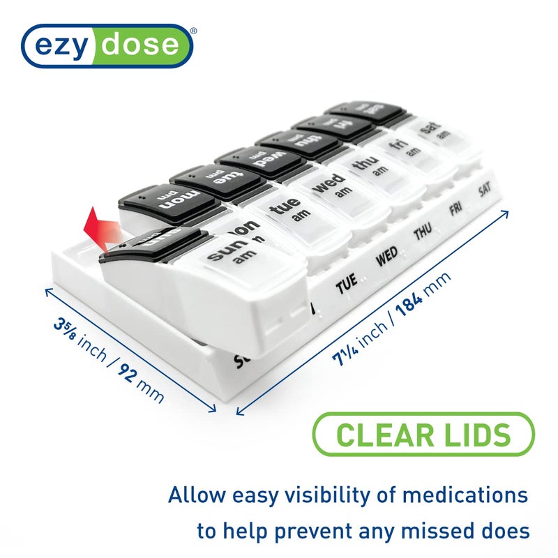 EZY DOSE Weekly (7-Day) Daily AM/PM Pill Case, Medicine Planner, Vitamin Organizer, Supplement Container, Large Pop-Out Compartments, Designed for Travel 2 Times a Day, Black and White Lids - Image 3
