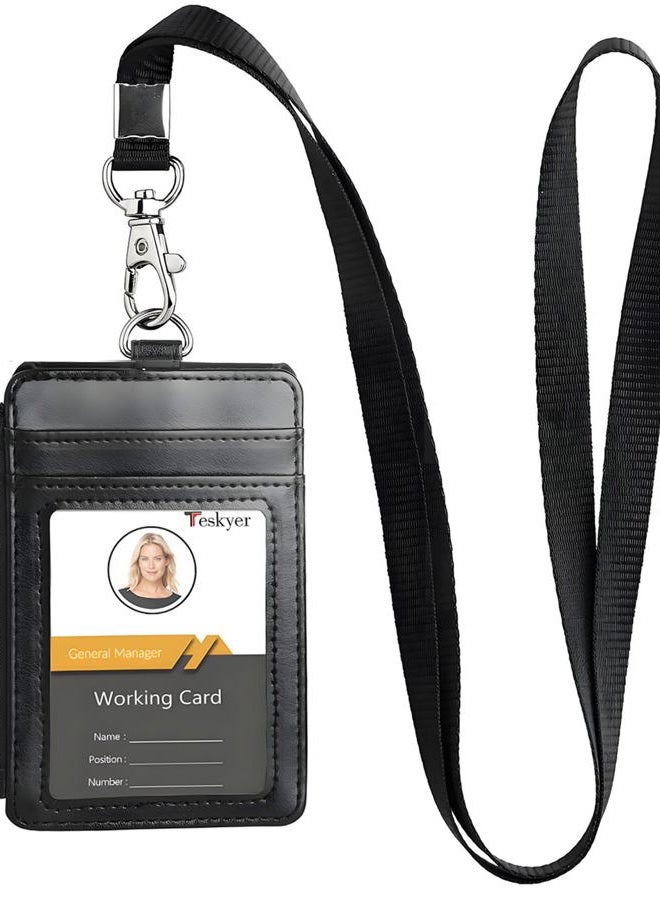 Teskyer Leather Badge Holder with Lanyard,1 Clear ID Window and 3 Card Slots with Secure Snap Button Cover, 1 Zipper Wallet Pocket,1 Durable Nylon Lanyard for Offices ID,School ID, Credit Cards,Driver Licence - Image 1