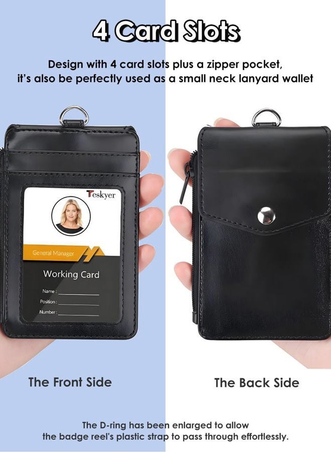 Teskyer Leather Badge Holder with Lanyard,1 Clear ID Window and 3 Card Slots with Secure Snap Button Cover, 1 Zipper Wallet Pocket,1 Durable Nylon Lanyard for Offices ID,School ID, Credit Cards,Driver Licence - Image 2