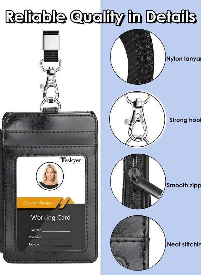 Teskyer Leather Badge Holder with Lanyard,1 Clear ID Window and 3 Card Slots with Secure Snap Button Cover, 1 Zipper Wallet Pocket,1 Durable Nylon Lanyard for Offices ID,School ID, Credit Cards,Driver Licence - Image 5