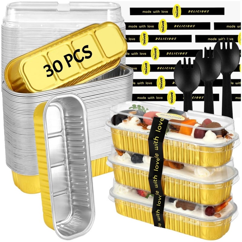 Orlashop Mini Loaf Pans with Lids and Spoons Sealing Sticker,30 Pcs 6.8oz Cake Pans for Baking Disposable Aluminum Foil Christmas Cake Pan (30 PCS GOLD) - Image 1