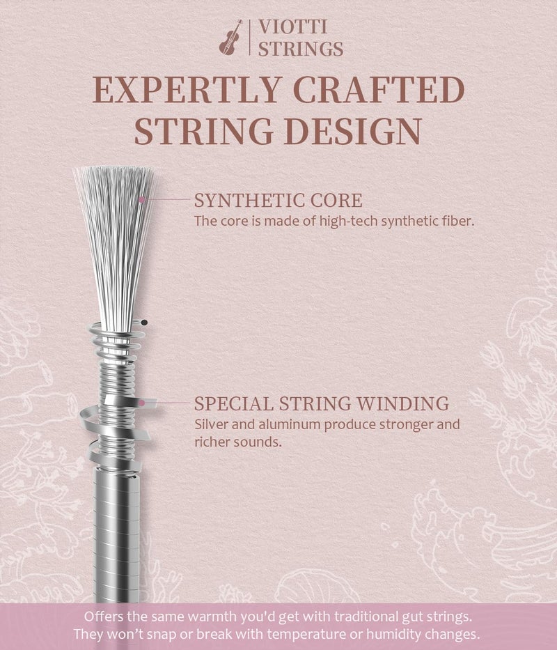 Viotti Viotti Violin Strings 4/4 Full Set | Medium Tension Synthetic-Core Strings with Gold E String for Brilliance, Power & Projection, Silver Wound D & G Strings, and Aluminum Wound A String  - Image 4