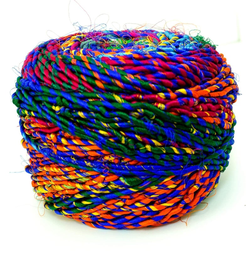 Revolution Fibers Recycled Sari Silk, Multi-Color Pure Silk Yarn, Handspun Used Sari Fabric Ribbon Scraps, Rainbow Yarn for Knitting, Weaving & Crocheting - 100 Grams per Ball - Image 4