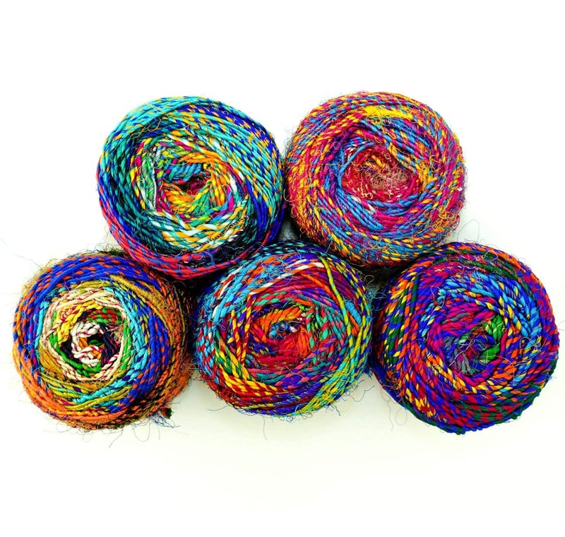 Revolution Fibers Recycled Sari Silk, Multi-Color Pure Silk Yarn, Handspun Used Sari Fabric Ribbon Scraps, Rainbow Yarn for Knitting, Weaving & Crocheting - 100 Grams per Ball - Image 3