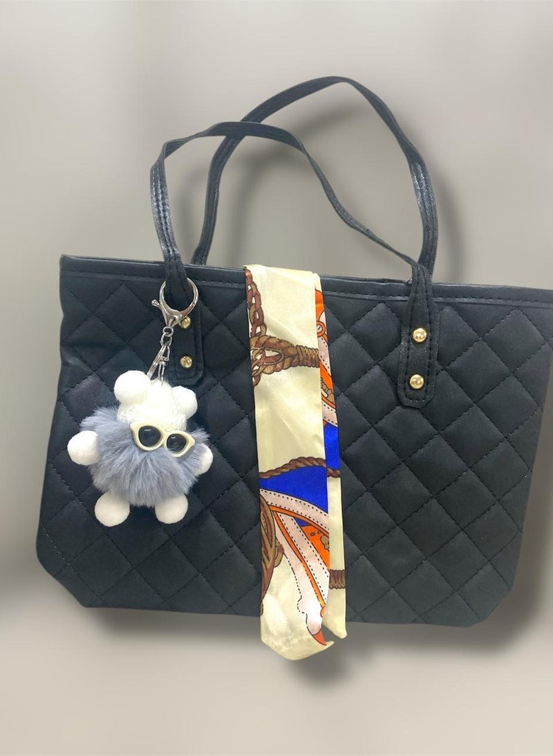 Medium Size Women's Handbag Casual Embroidery Leather Perfect For Women And Girls Practical For Daily Use Top Handle And Top Magnetic Button Closure With Cute Cartoon Doll Pendant Wearing Glasses Rabbit Fur Ball And An Additional Cloth Ribbon Cute Bag Accessory Ribbon To Make A Bow Tie  - Image 3