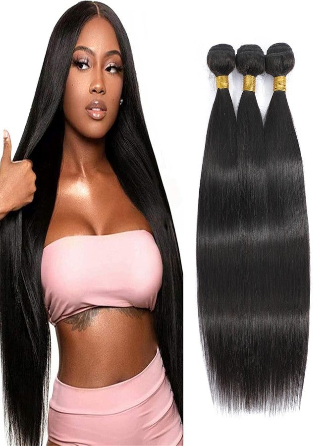 FASHION VILA Straight Bundles Human Hair 3 Bundles 16 16 16 Inch 100% Unprocessed Brazilian Virgin Remy Hair Straight Human Hair Bundles Natural Black Bundles Weave Hair Extensions For Black Women - Image 1