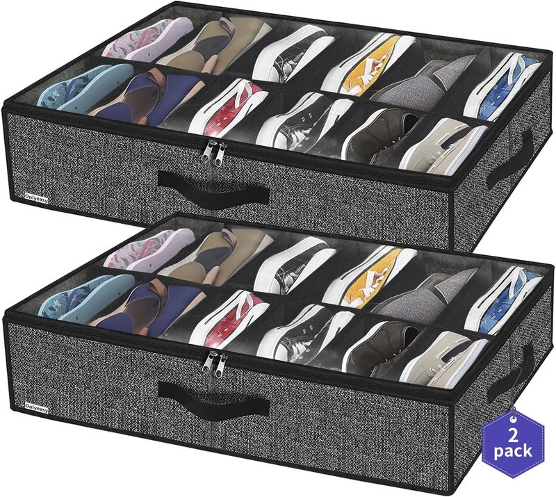 Onlyeasy Sturdy Under Bed Shoe Storage Organizer, Set of 2, Fit 12 to 24 Pairs, Underbed Shoes Closet Storage Solution with Clear Window, Breathable, L29.3 x W23.6 x H5.9, Linen-like Black, MXAUBSB2P - Image 1