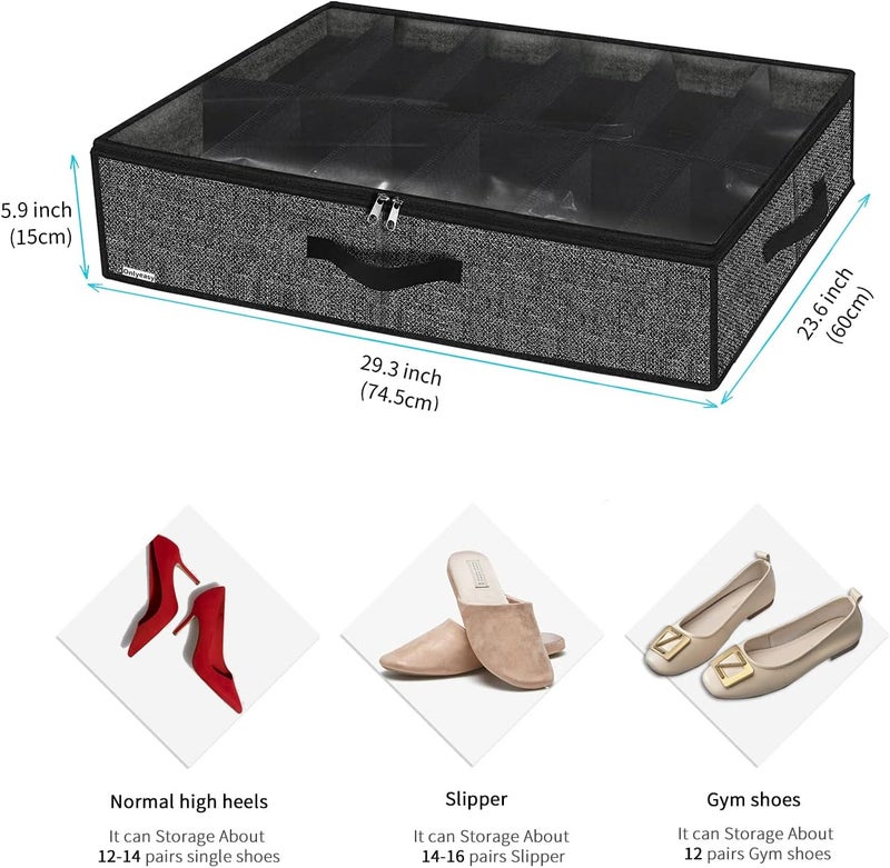 Onlyeasy Sturdy Under Bed Shoe Storage Organizer, Set of 2, Fit 12 to 24 Pairs, Underbed Shoes Closet Storage Solution with Clear Window, Breathable, L29.3 x W23.6 x H5.9, Linen-like Black, MXAUBSB2P - Image 2