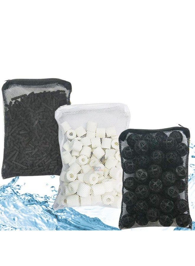 VAYINATO® Aquarium Filtration Trio- 15 Pcs Bio Ball, Carbon-250G and Ceramic Ring-250g with Net Bag for Aquarium Complete Water Quality Solution by Petzlifeworld - Image 1