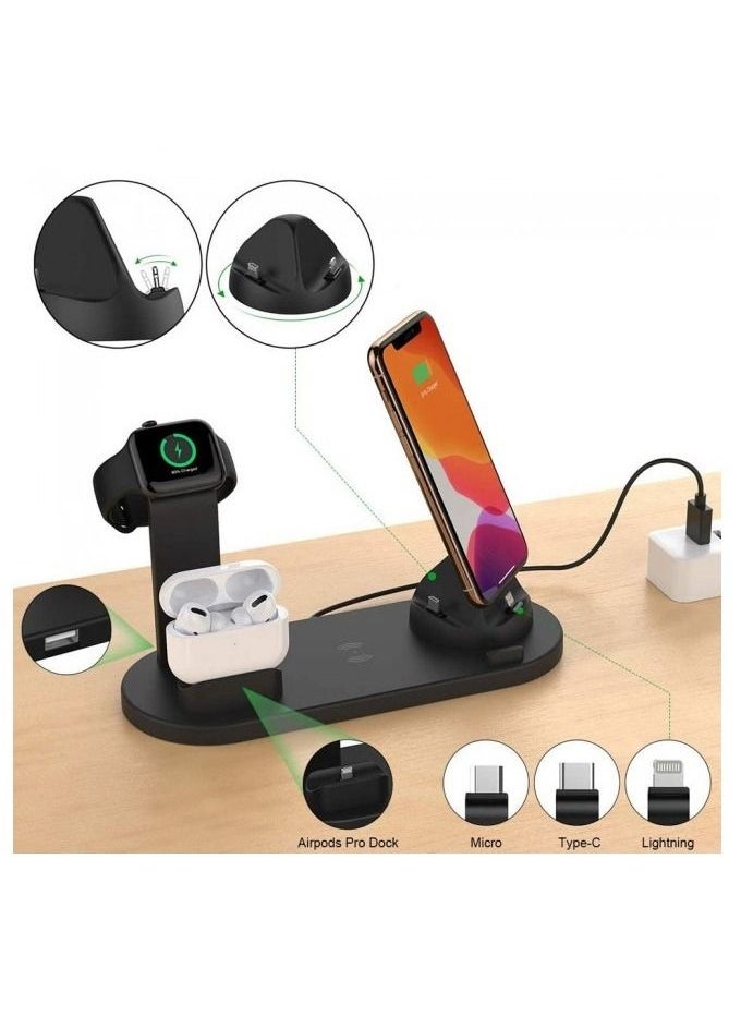 CATANES - Charging Stand 6 in 1 Wireless Charger for iPhone 14 Pro Max Apple Watch Multifunction Qi Charger for Apple Devices with Lightning USB-C Micro USB Dock - Image 1