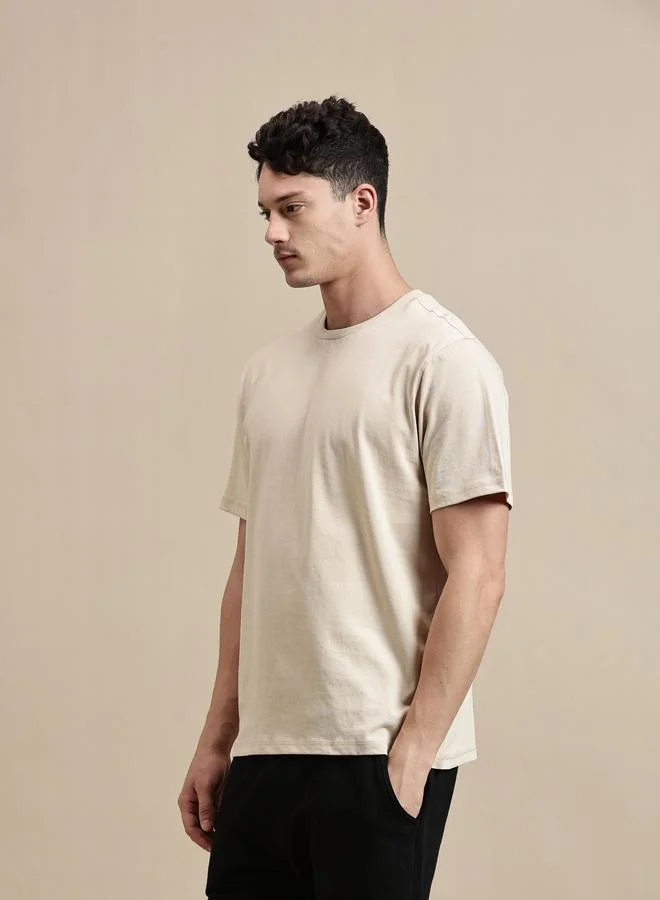 ECOLORE Men Beige Crew Neck 100% Cotton Comfort Fit T-Shirt
