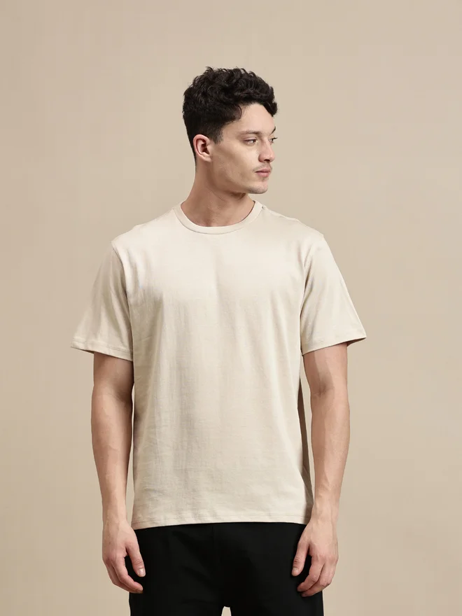 ECOLORE Men Beige Crew Neck 100% Cotton Comfort Fit T-Shirt