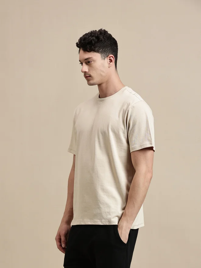 ECOLORE Men Beige Crew Neck 100% Cotton Comfort Fit T-Shirt