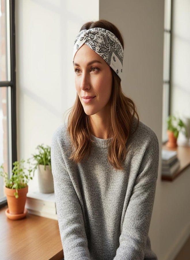 Future Tabs Bandana Knot Headband - Paisley Print Head Hair Wrap Cloth For Men & Women | Stretchable & Comfortable Headbands For Yoga, Jogging and Gym - White - Image 3