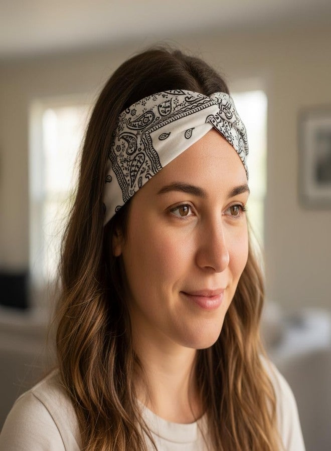 Future Tabs Bandana Knot Headband - Paisley Print Head Hair Wrap Cloth For Men & Women | Stretchable & Comfortable Headbands For Yoga, Jogging and Gym - White - Image 1