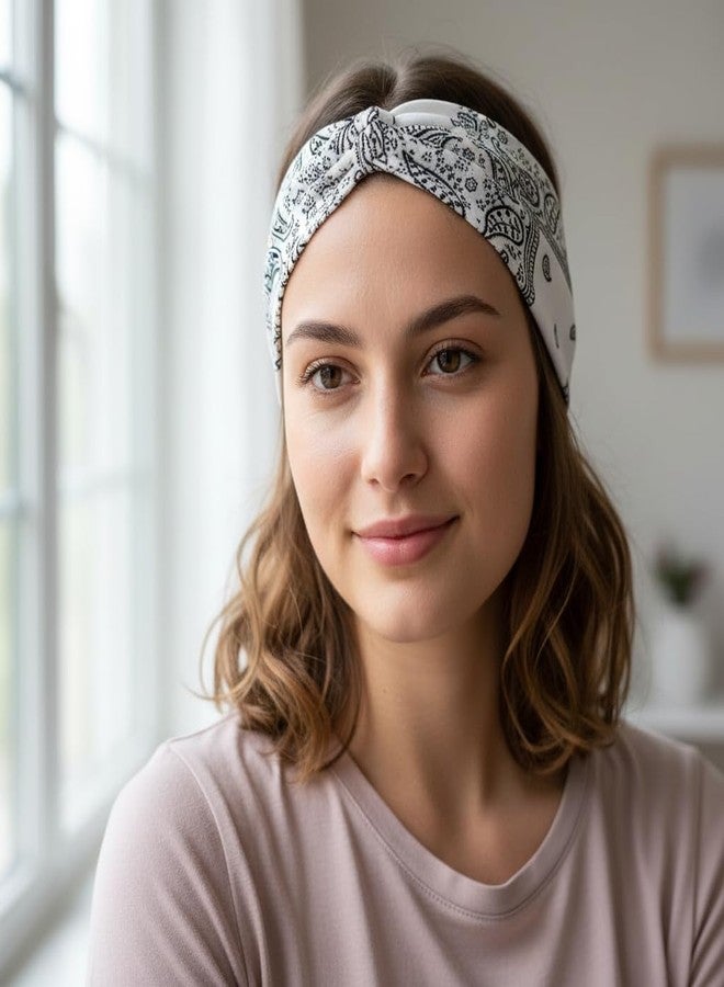 Future Tabs Bandana Knot Headband - Paisley Print Head Hair Wrap Cloth For Men & Women | Stretchable & Comfortable Headbands For Yoga, Jogging and Gym - White - Image 2