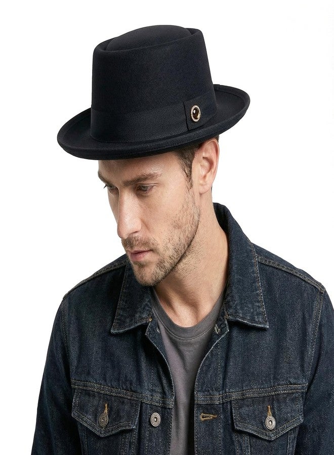 FADACHY Fedora Hats for Men & Women Pork Pie Hat Flat Top Felt Hats Panama Wide Brim Dress Hat, Black, L - Image 3