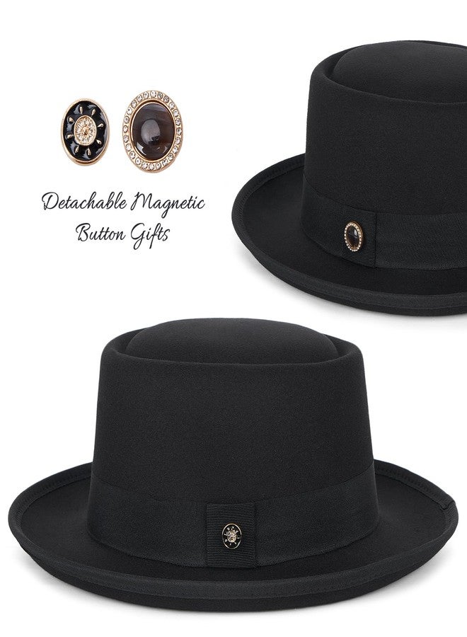 FADACHY Fedora Hats for Men & Women Pork Pie Hat Flat Top Felt Hats Panama Wide Brim Dress Hat, Black, L - Image 5